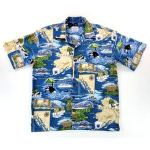 David Carey Originals Hawaiian Shirt Alaska Map Wildlife Orca Bears Elk Mens L